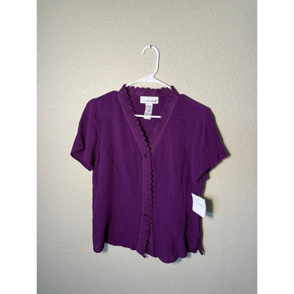 Sag Harbor Purple Crinkle Short Sleeve Lace Trim Button Up Blouse Size 6 NEW